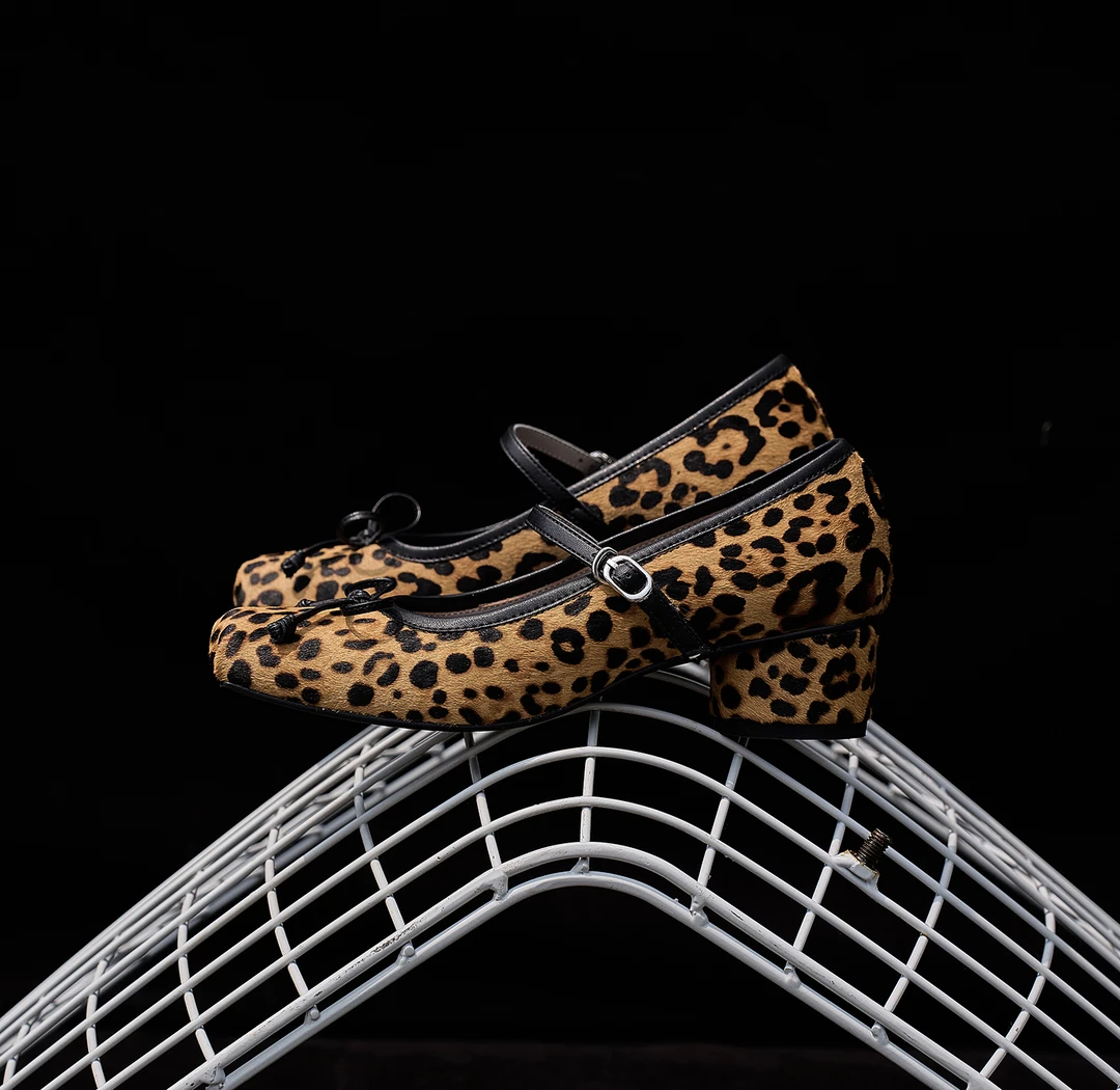 豹纹马毛一字扣带粗跟玛丽珍鞋女2025秋季新款方头高跟芭蕾舞单鞋