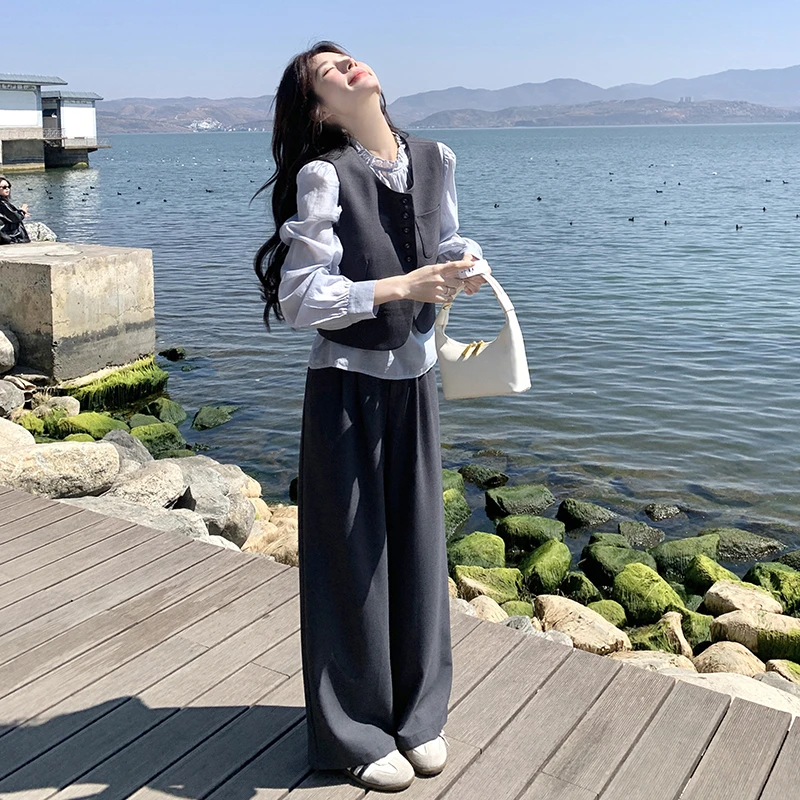 韩系chic衬衫马甲阔腿裤三件套女2025春季新款灰色减龄穿搭一整套