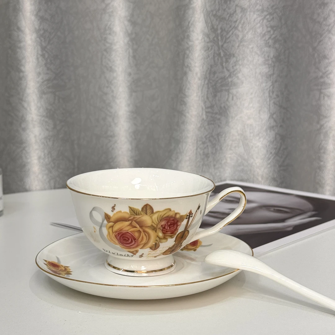 175ml玫瑰小提琴陶瓷咖啡杯碟下午茶茶具居家茶杯咖啡杯具套装