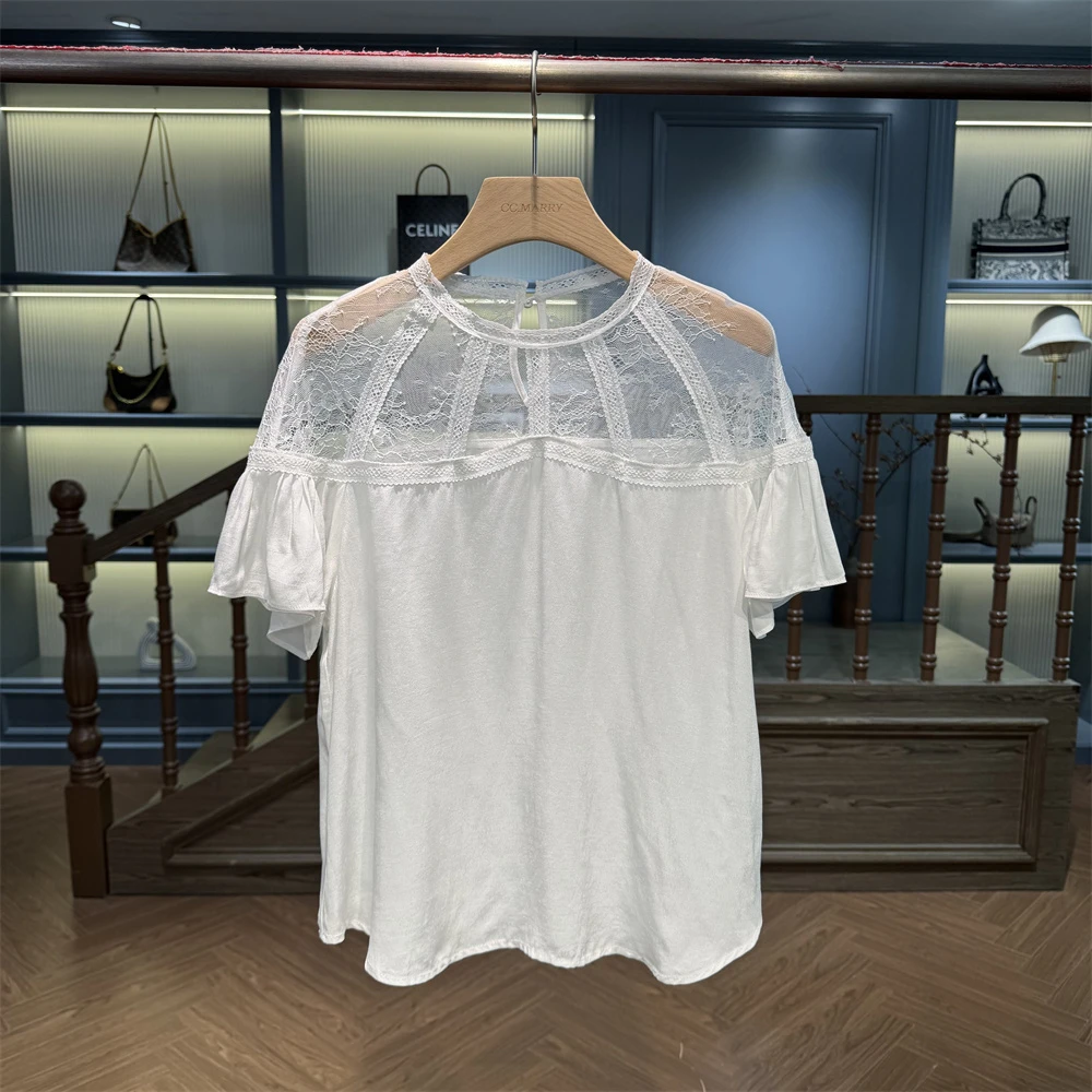 KK&MERRY2025夏 设计感气质绝美镂空拼接圆领短袖蕾衬衫KDAC248