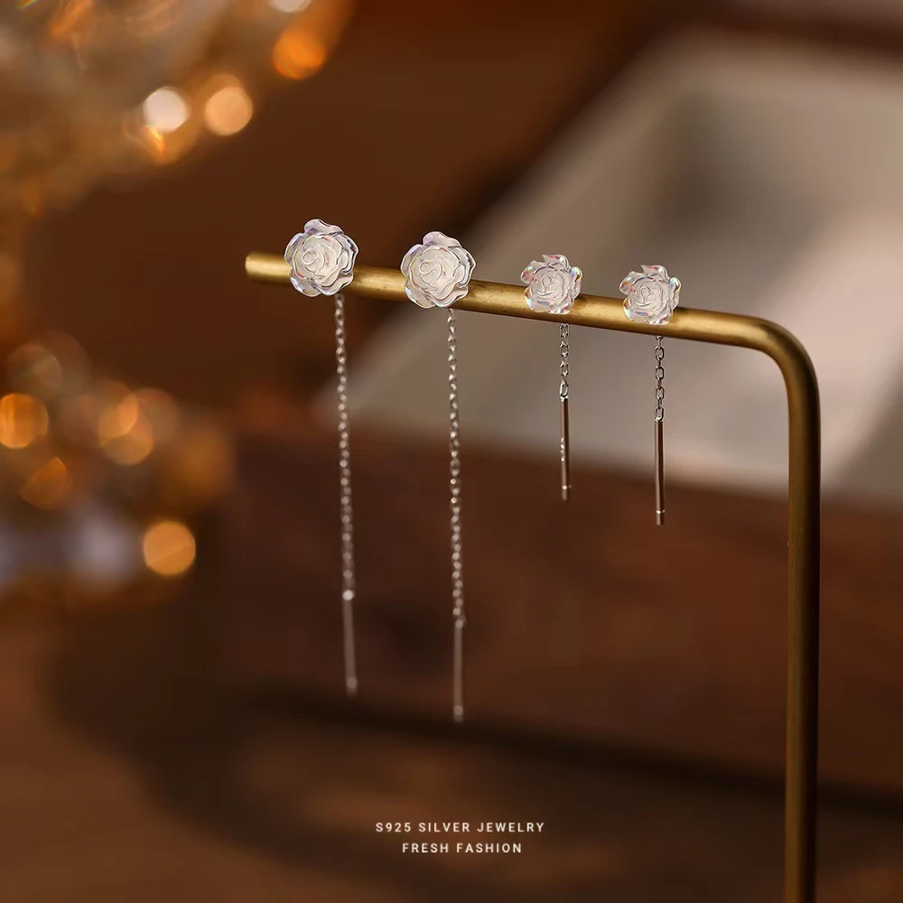 非金属亚克力耳饰 炫彩925白玫瑰女轻奢高级感甜美精致流苏耳线