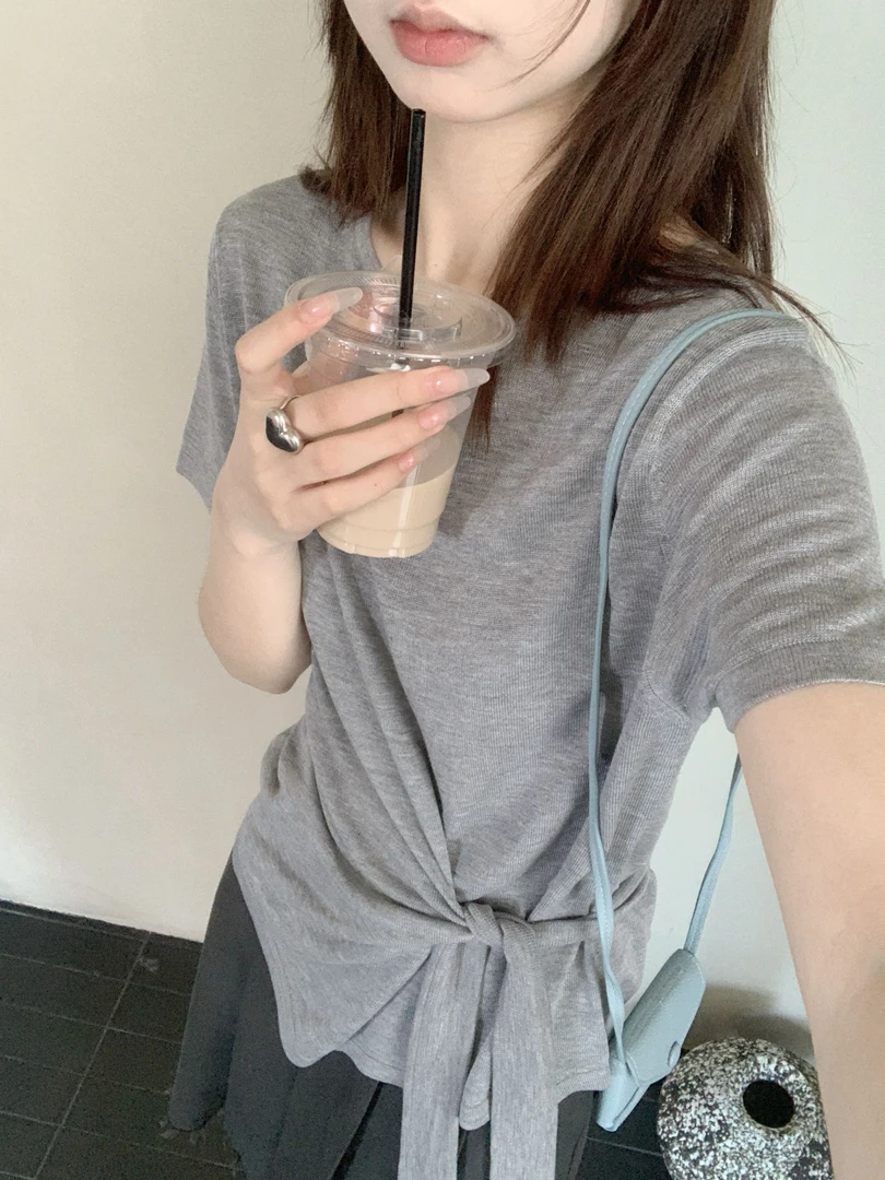 【DUODUO 699901】莱赛尔圆领针织T恤夏季新款女宽松慵懒针织衫