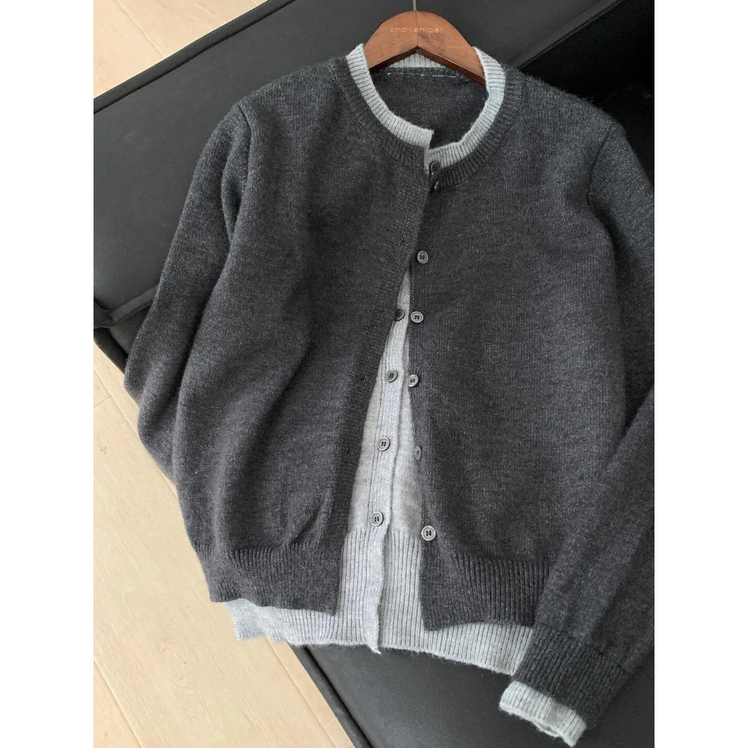 新款时尚洋气百搭撞色小众假两件针织开衫外套女春秋新款chic单排