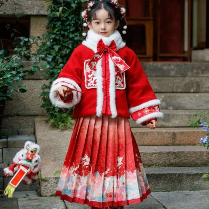 秋冬新款女童格格服马面裙套装加绒加厚两件套