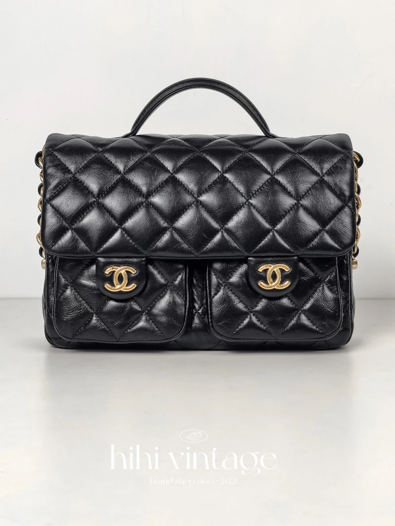 99新 Chanel/香奈儿 黑金油蜡皮手柄链条邮差包 18006045二店
