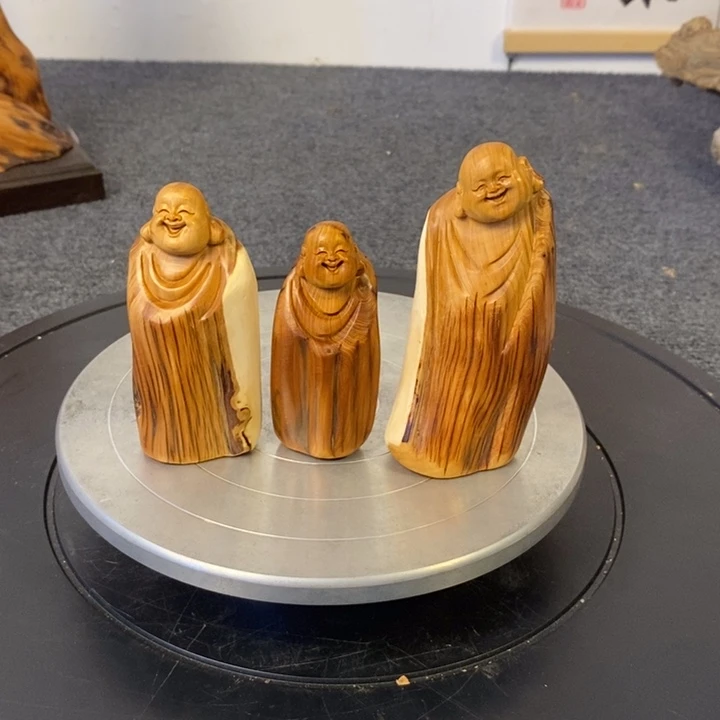 柏木（崖柏）桐**画崖柏弥勒佛手把件小摆件3个