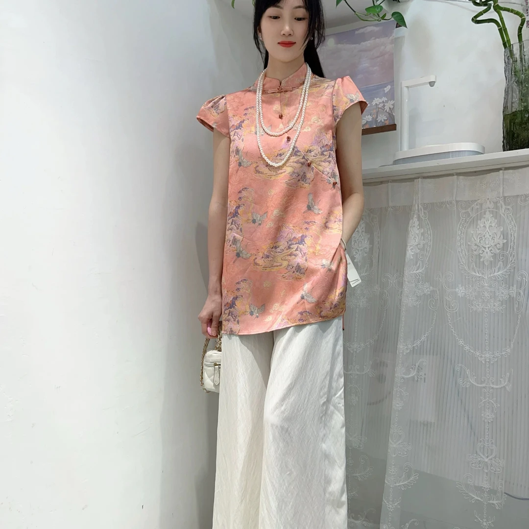 邹先森1530-30新中式国风盘扣立领短袖旗袍套装夏季复古