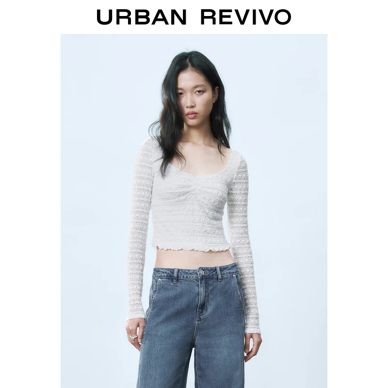 UR2025春季新款女装欧若风气质U领肌理感修身长袖T恤UYL450023