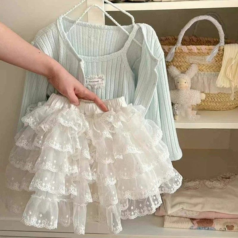 女童套装2025新款春装多巴胺穿搭宝宝甜美针织开衫吊带蓬蓬半身裙