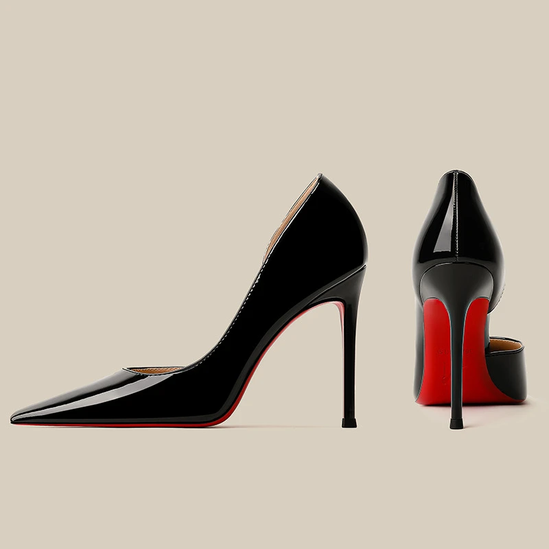 细跟高跟鞋黑色侧空红底高跟鞋春季细跟黑色浅口秋季单鞋性感