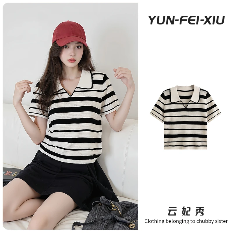云妃秀大码女装T恤时尚条纹翻领气质百搭显瘦微胖减龄韩版夏22907