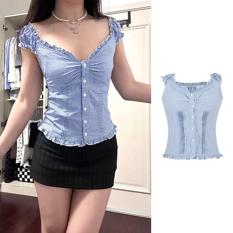 Moses Queen/魔西女王小众蓝格子衬衫荷叶边短袖女百搭露锁骨上衣