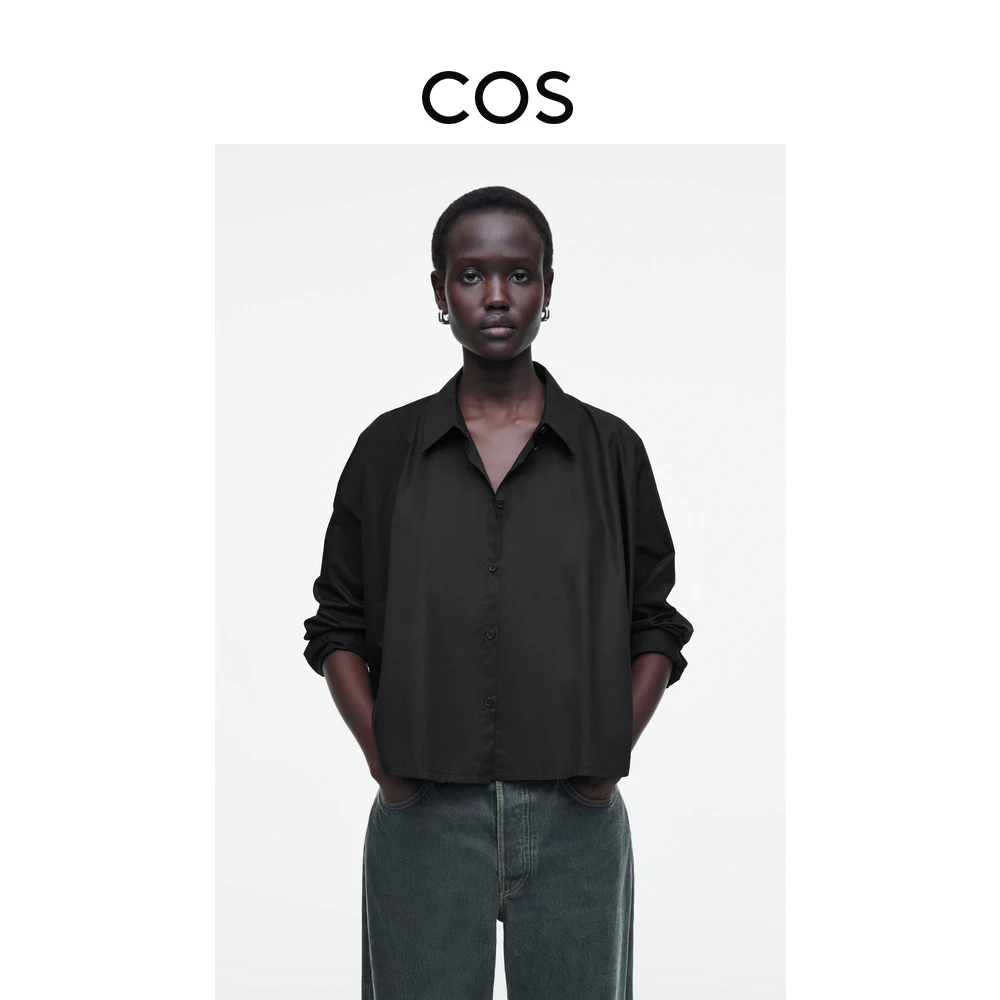 COS女装 休闲版型翻领棉质衬衫黑色2025春季新品1256714001