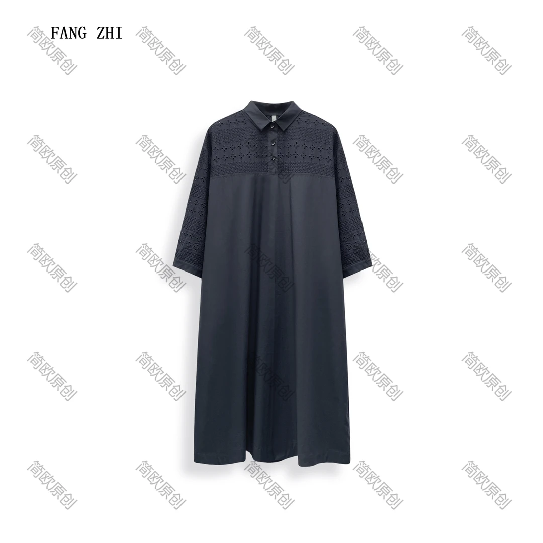 春夏国风刺绣提花拼接宽松连衣裙舒适休闲纯色百搭中长裙 D4285