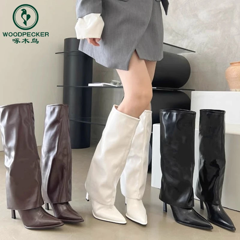 啄木鸟漆皮裤管靴尖头高筒细跟高跟长筒靴不过膝长靴子女骑士靴