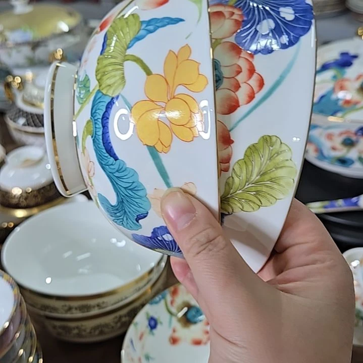 45%以上骨粉骨瓷珐琅彩荷塘6寸2个面碗6666666