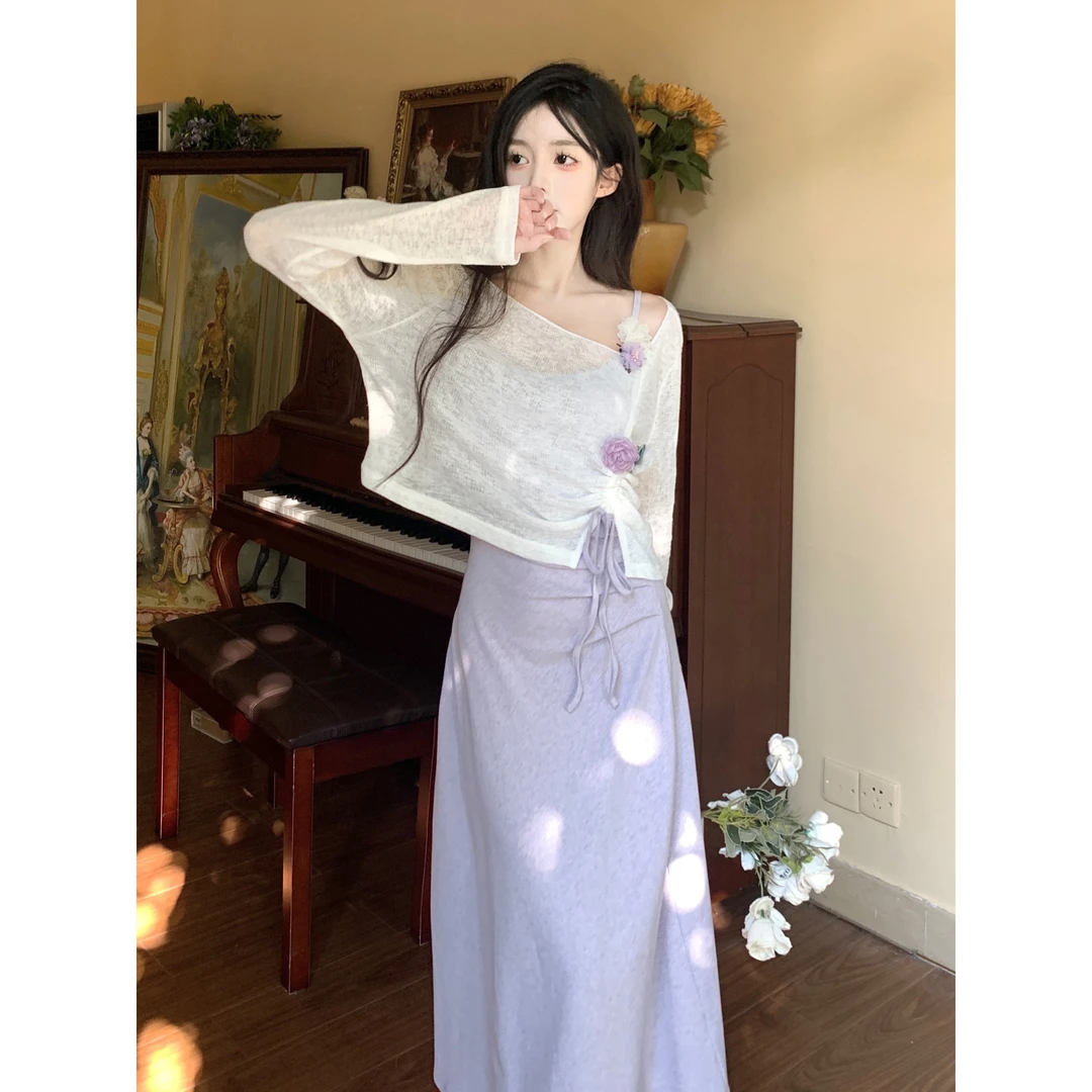 大码法式温柔风紫色连衣裙女春夏绝美吊带裙胖+上衣遮肚显瘦