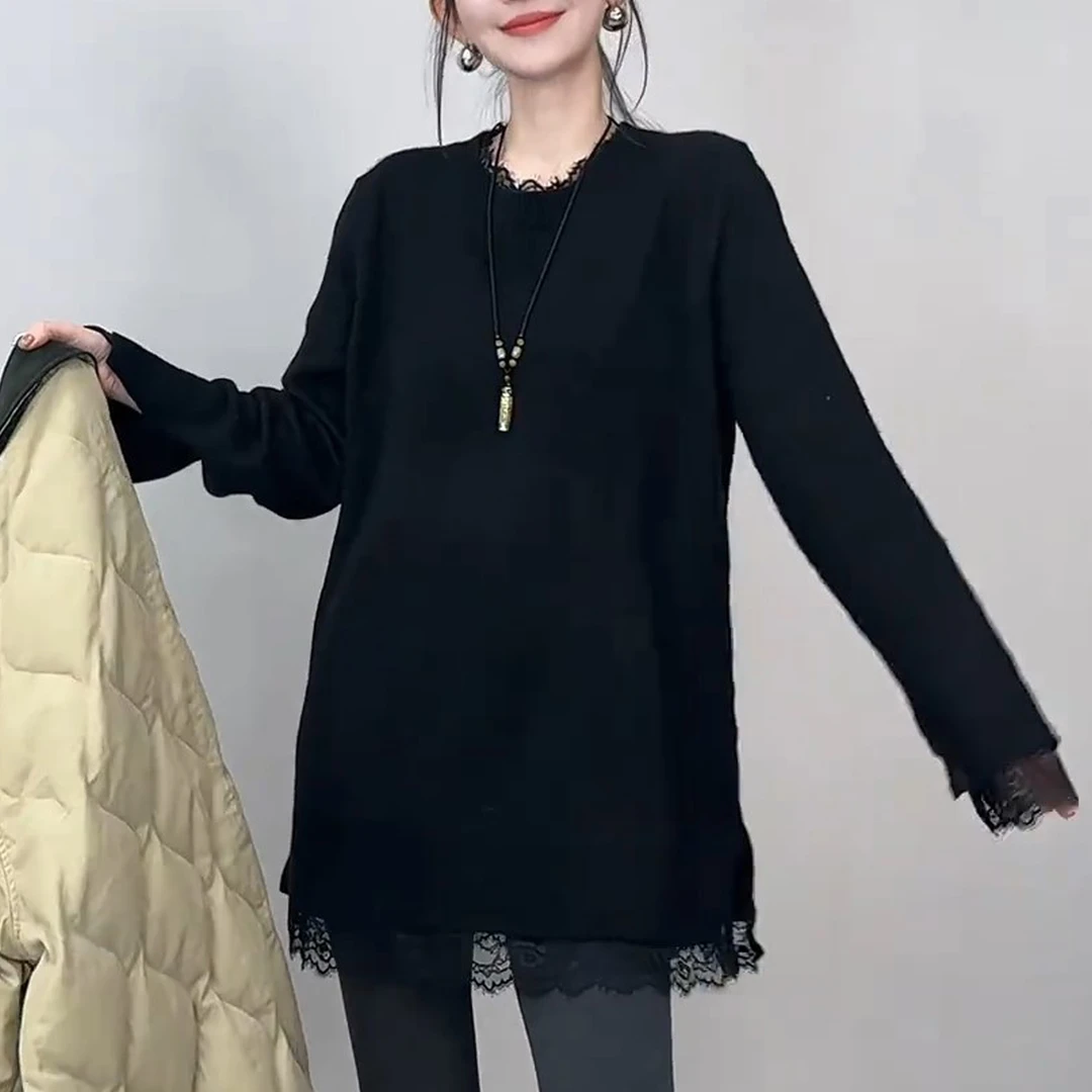 纯色百搭宽松遮肉显瘦圆领套头2025秋冬新款法式蕾丝拼接长袖毛衣