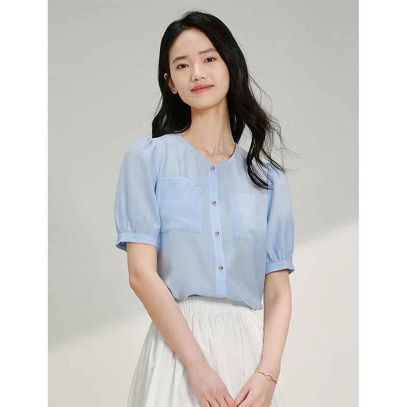 【茵曼服装】茵曼法式醋酸通勤衬衣圆领泡泡袖上衣QCY1842016