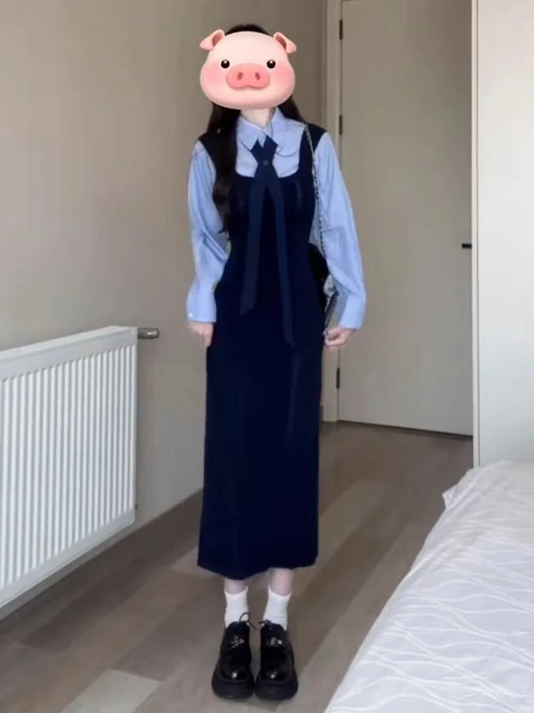 秋装搭配一整套连衣裙条纹长袖衬衫上衣背带吊带裙两件套装学院风