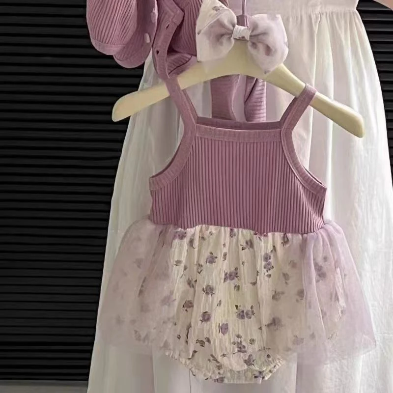 夏季A类公主风女短袖哈衣爬服洋气甜美泡泡袖棉夏装时尚纯两件套