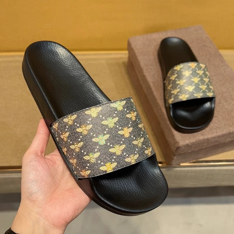 高档潮牌拖鞋男防滑防臭软底奢侈豪华一字拖蜜蜂外穿拖鞋黑金色