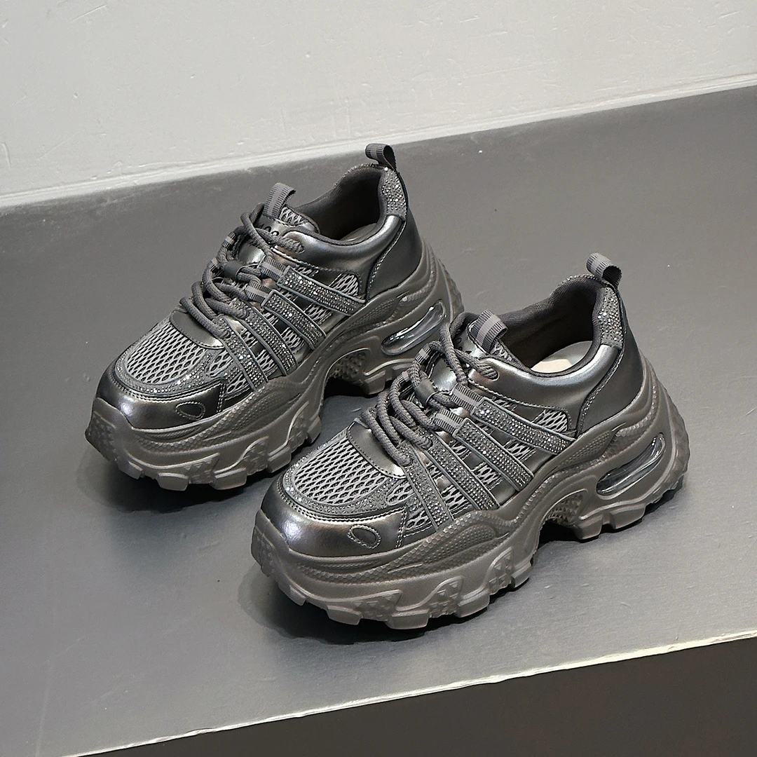 2025新款银灰水钻老爹鞋女网面透气厚底运动鞋时尚潮流ins炸街款