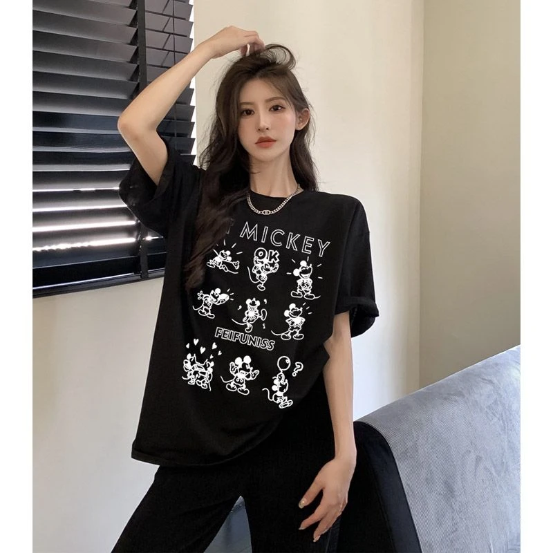 米奇前后图案港风ins潮牌百搭t恤上衣洋气女装纯棉短袖情侣装半袖
