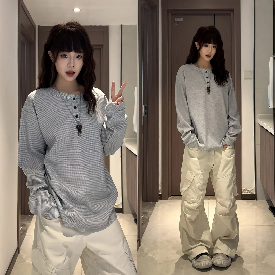 浅灰色美式亨利领长袖t恤男秋季华夫格正肩卫衣高级感内搭打底衫