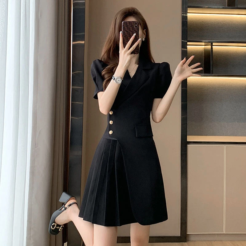 夏季淑女显瘦连衣裙工作短款纯色圆领夏季职业法式气质小个子时尚