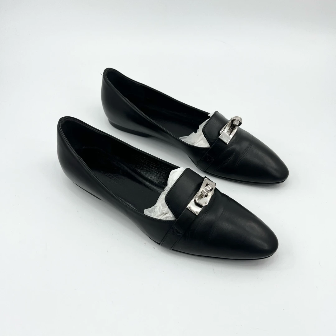 95新 Hermes/爱马仕 35.5码/黑色尖头kelly扣乐福鞋/pp426319