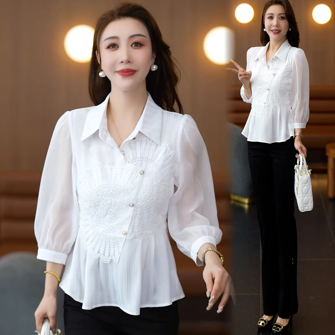 小个子七分袖雪纺衫衬衫女2025春夏季新款气质显瘦休闲百搭上衣潮