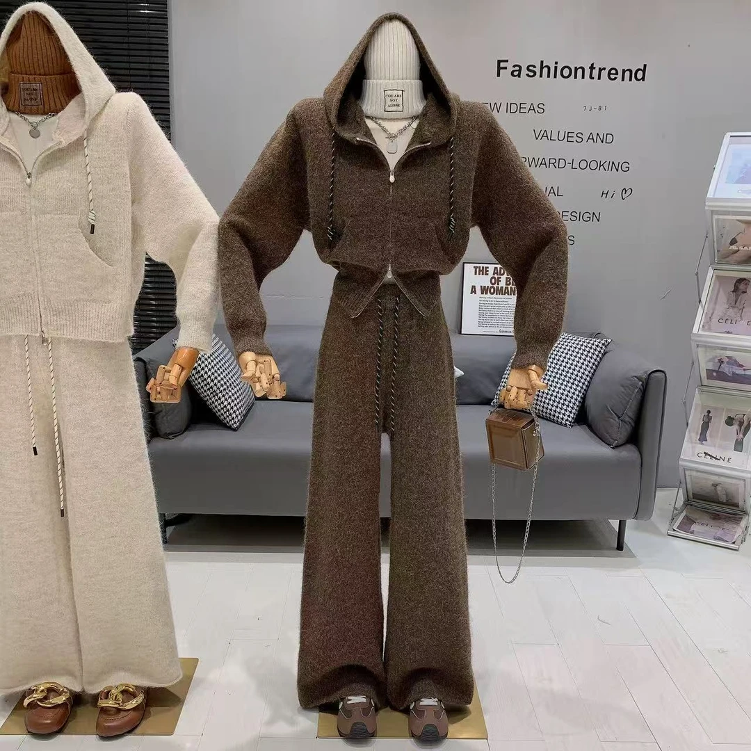 恩妮家 温柔秋冬 慵懒宽松显瘦休闲设计绳毛针织衫裤子套装