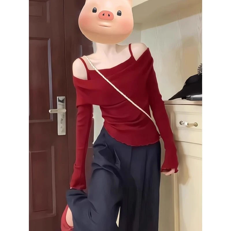 安可拉红假两件荡领针织衫女秋冬木耳边设计修身显瘦露肩吊带上衣