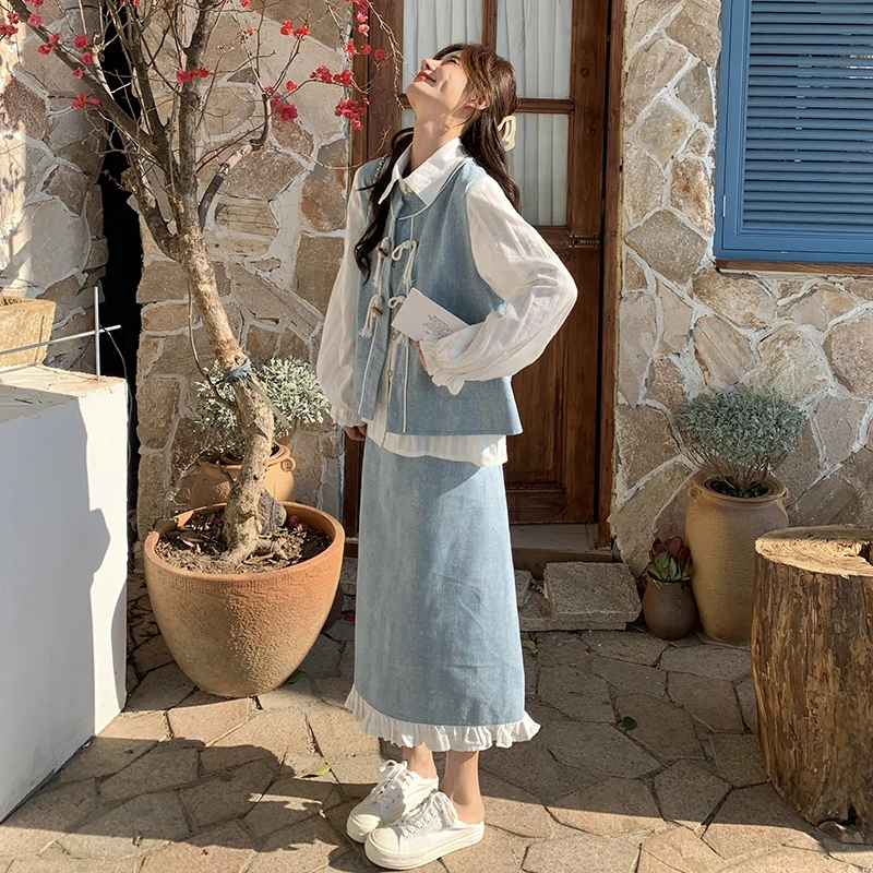 学院风牛仔马甲套装裙女2025春季新款超好看减龄衬衫半身裙两件套