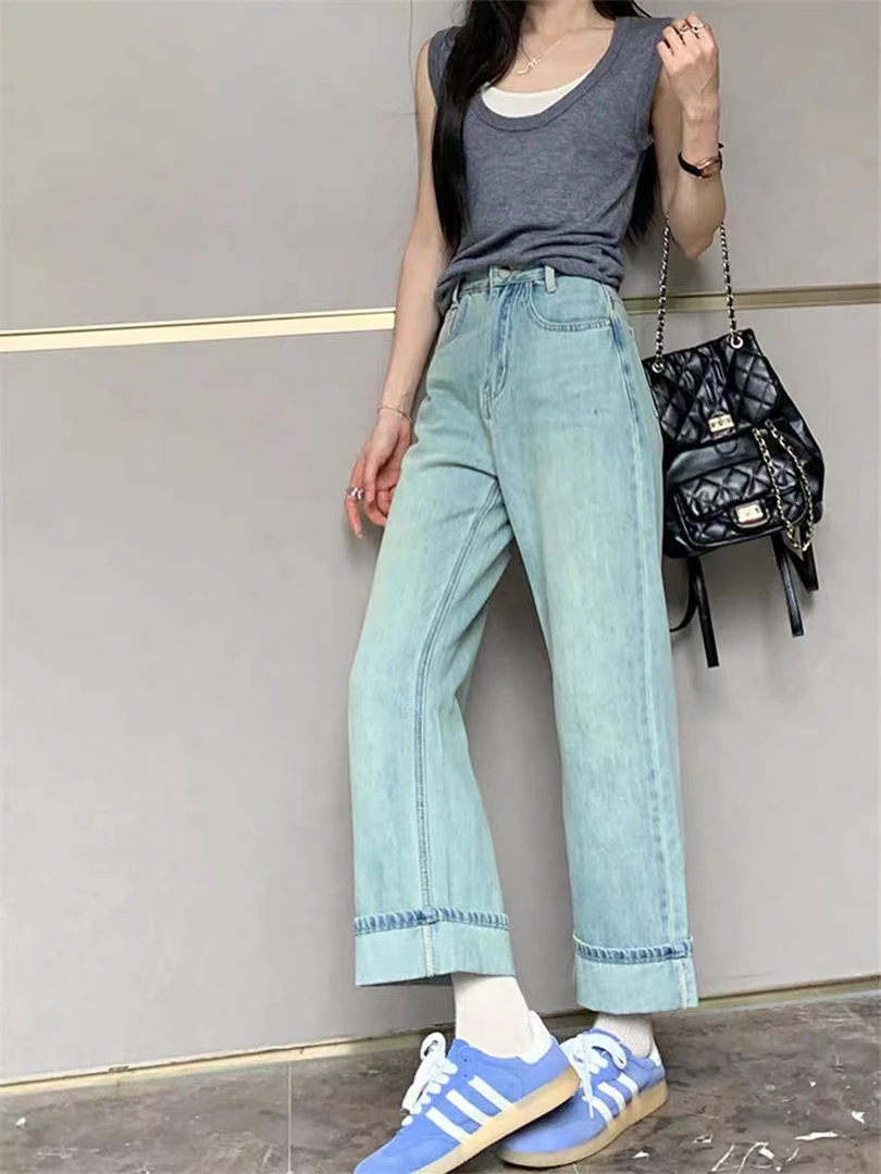 9253#复古高腰直筒牛仔裤女春季新款水洗蓝宽松百搭休闲裤（约100）