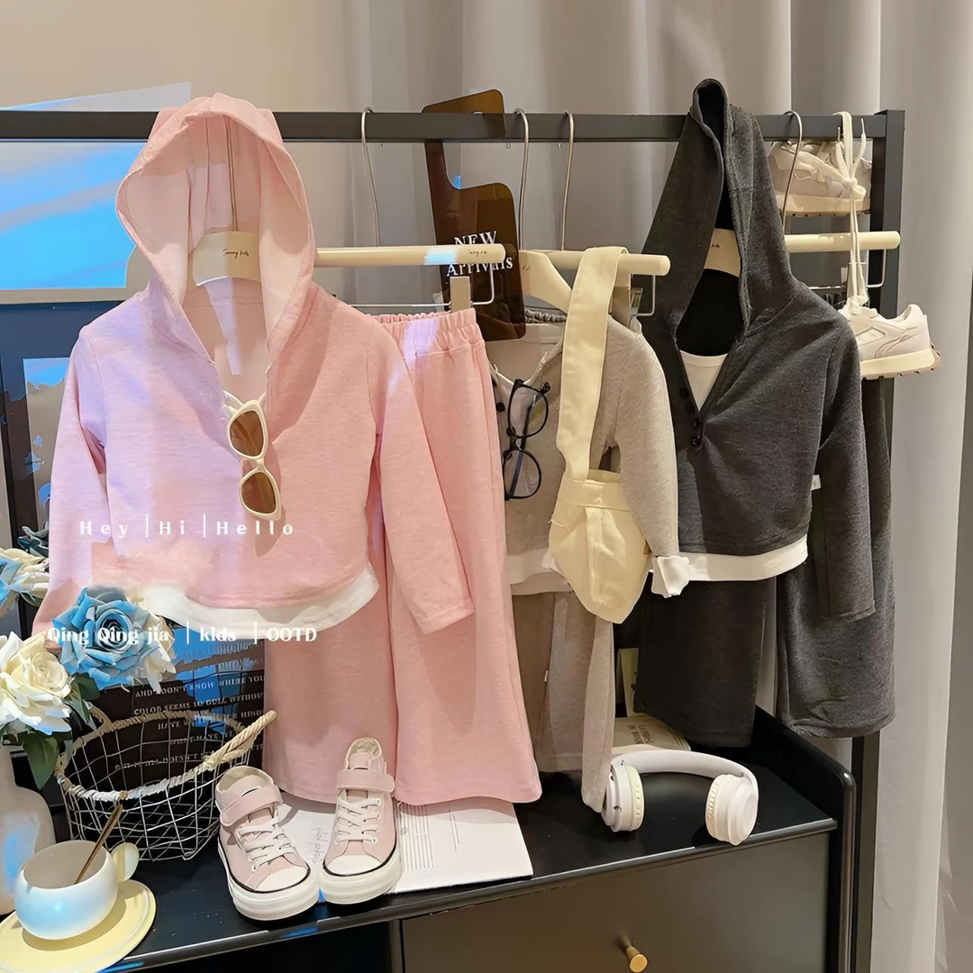 韩式风童套装慕斯绒假两件连帽打底衫阔腿裤两件套童装女童春秋季