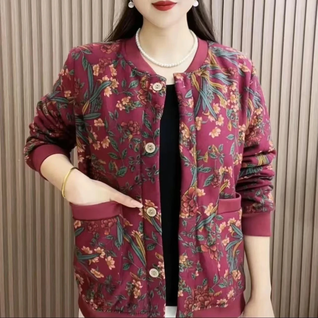 薄绒气质时尚碎花中老年长袖女装春秋季夹克风衣百搭印花春季外套