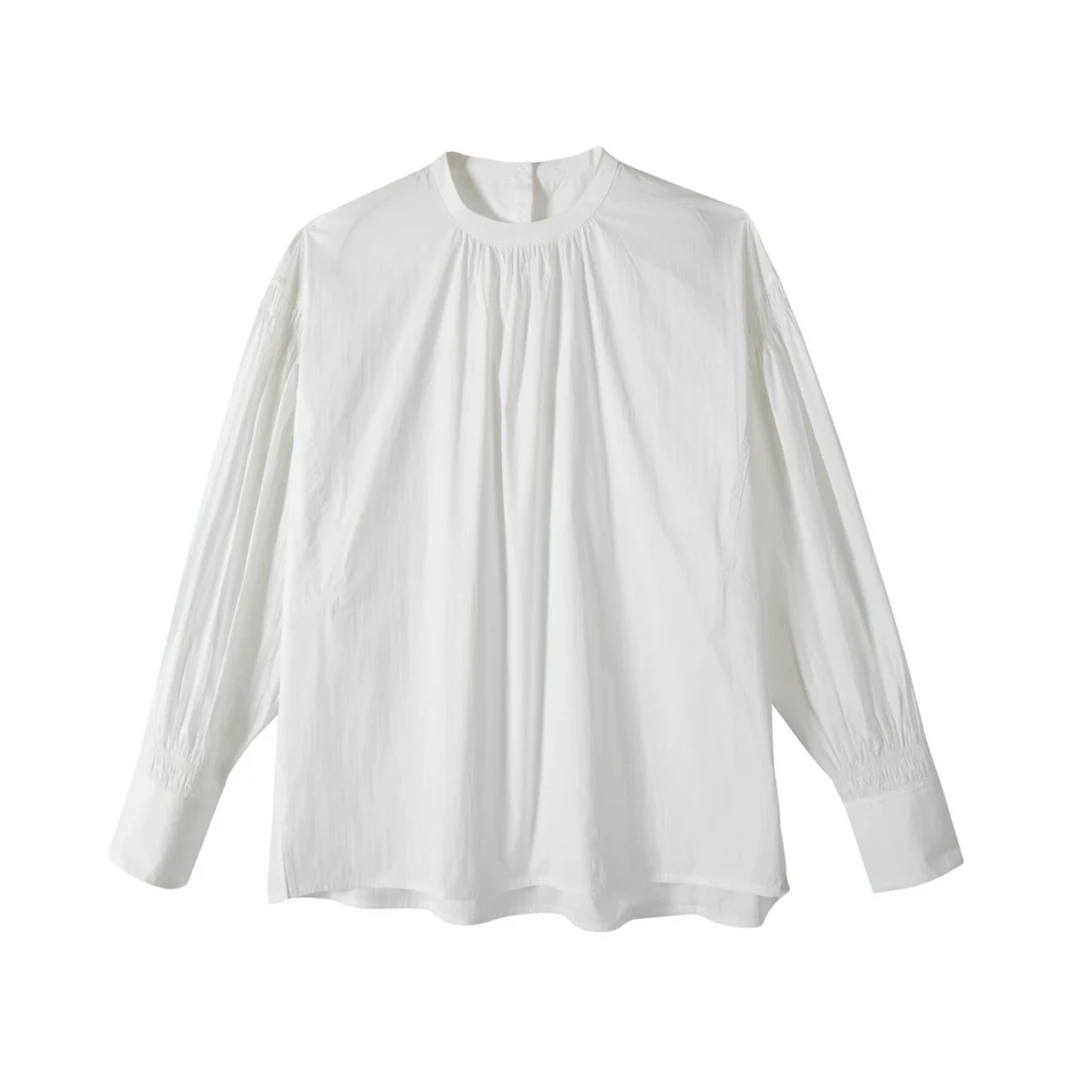 设计款衬衫女复古圆领泡泡袖白色灯笼袖小众百搭纯棉女士