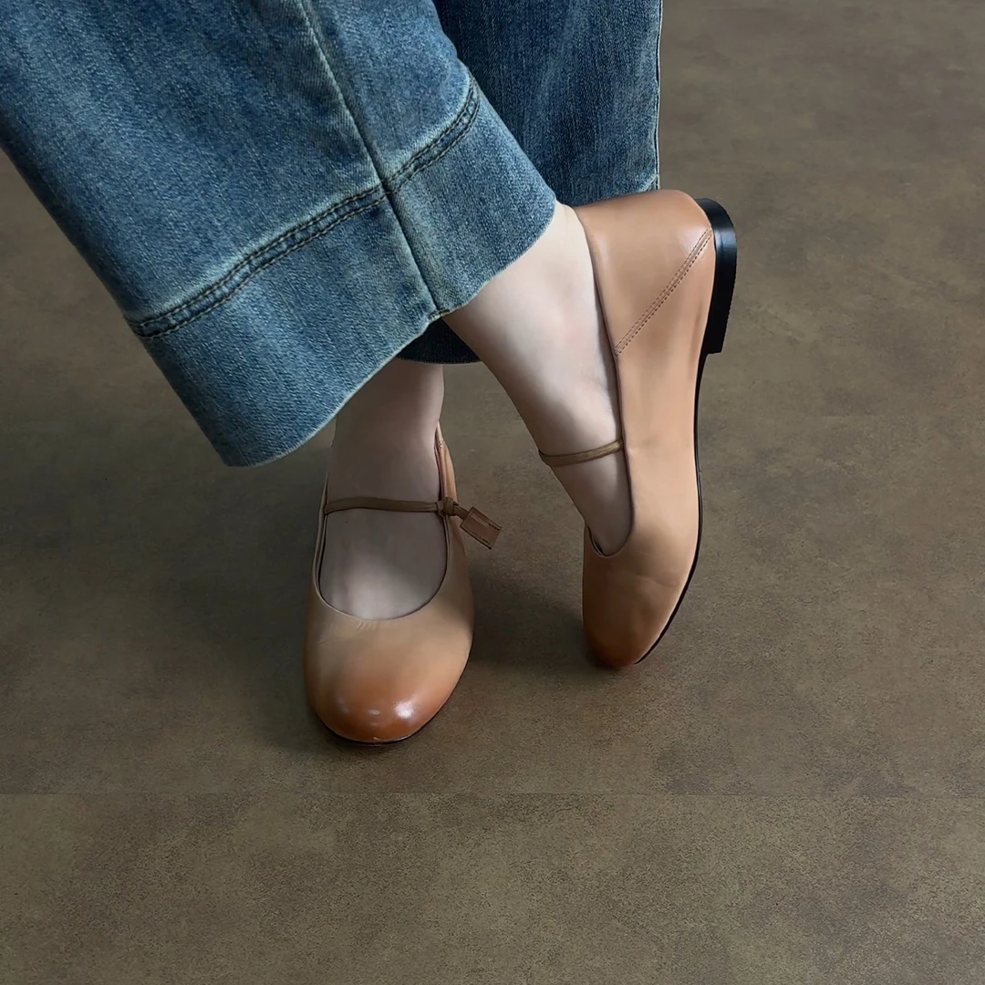 1cm/ED2313羊皮圆头软底复古单鞋女春秋法式平底浅口奶奶鞋玛丽珍