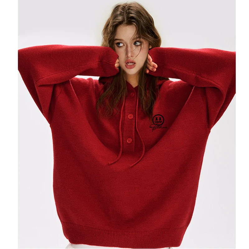 小恶魔新年休闲潮牌情侣冬季宽松半开领纯色时尚针织毛衣