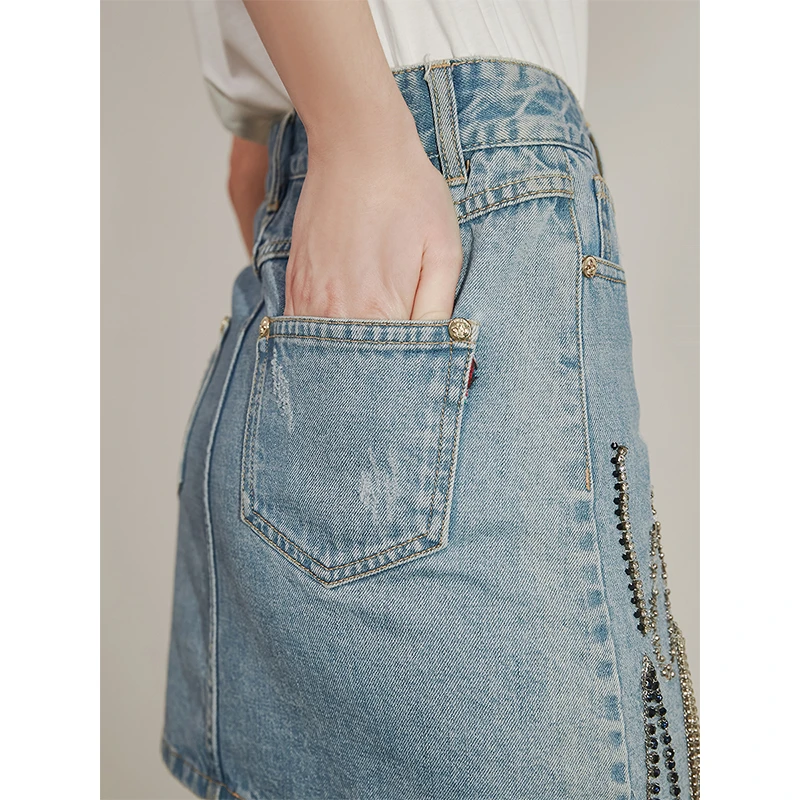 高级钉珠烫钻牛仔裙女小众百搭甜酷半身裙SS23Q083