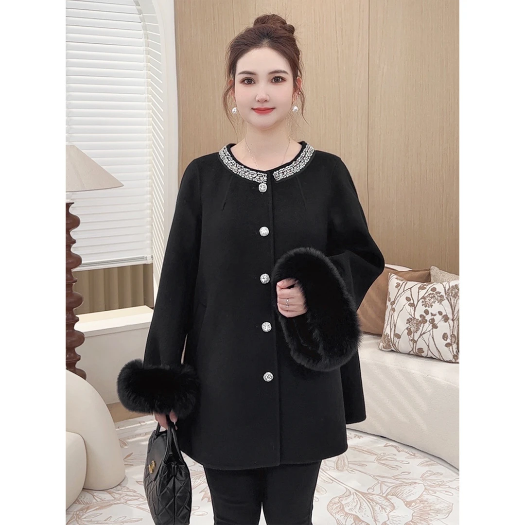 【100绵羊毛】MsShe大码女冬装狐狸毛重工钉珠双面毛呢大衣E2410048