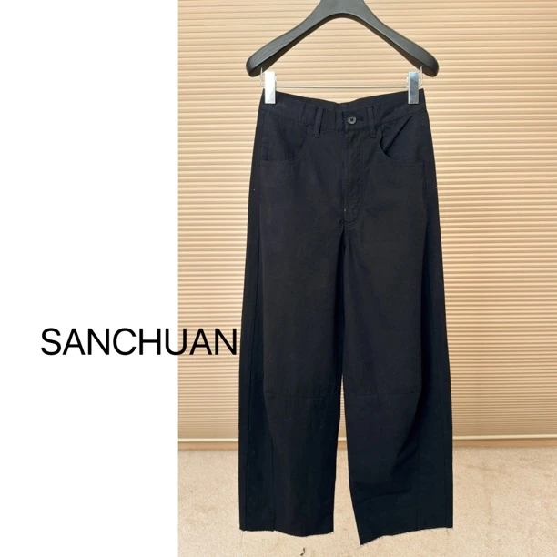 【SANCHUAN 】立裁黑色毛边休闲裤