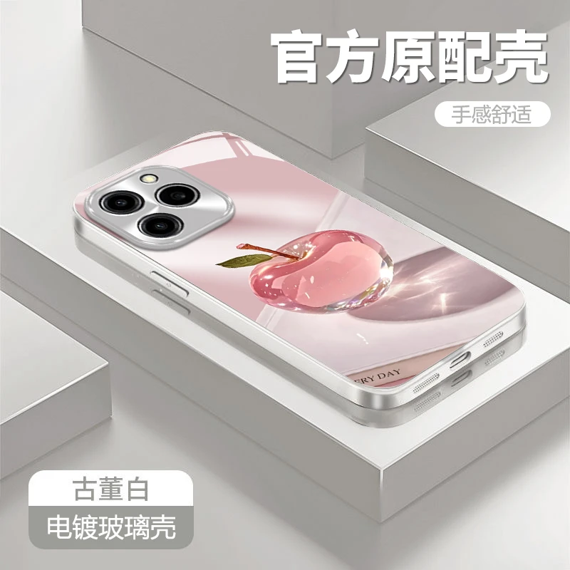 水晶苹果适用苹果16/华为P70/vivo/oppo金属漆玻璃防摔手机壳女款