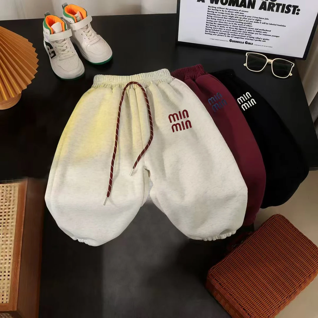 秋季新款华棉刺绣卫裤男女童运动裤休闲中大童束脚裤