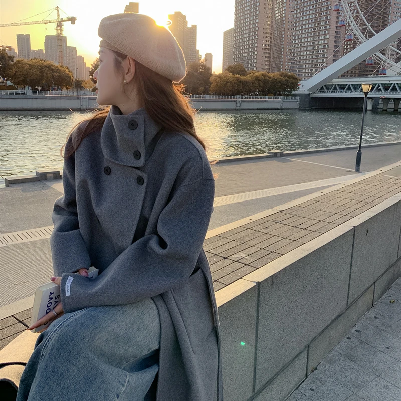 【851-876】女秋冬长袖毛呢外套呢大衣静奢系带大衣毛呢立领冬季