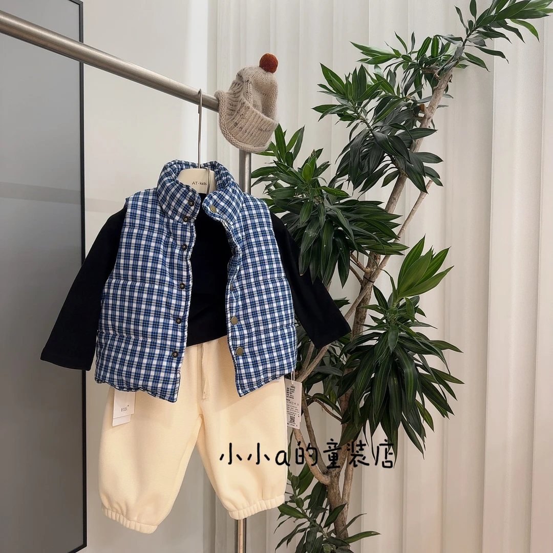 男宝宝蓝格子棉马甲韩范潮酷2025新款婴幼儿秋冬装加厚打底衫套装