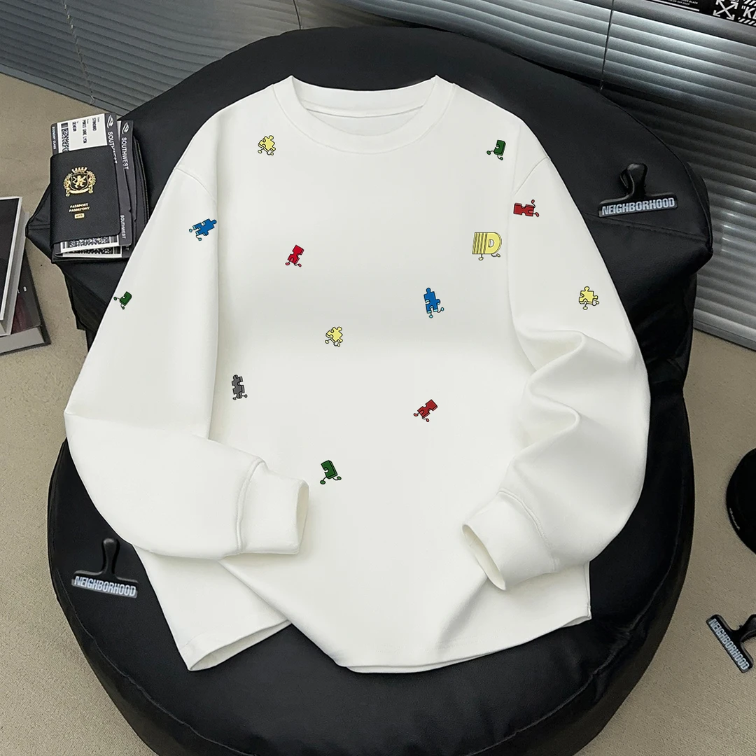 美式个性拼图贴纸印花男女长袖T恤ins秋季100%纯棉休闲情侣上衣