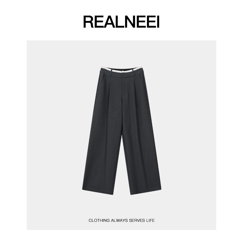 REALNEEI【格林威治】韩系收腰撞色阔腿复古西装垂感休闲裤01166
